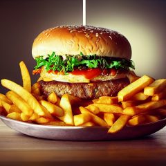 Le burger maison avec salade et frites Le burger maison avec salade et frites